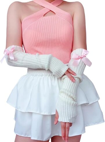 النساء Y2k تدفئة الذراع يغطي Kawaii Harajuku أصابع قفازات لوليتا محبوك الذراع كم مع ثقب الإبهام in Saudi Arabia