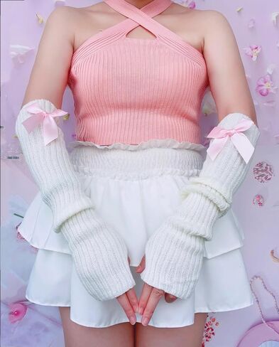 النساء Y2k تدفئة الذراع يغطي Kawaii Harajuku أصابع قفازات لوليتا محبوك الذراع كم مع ثقب الإبهام in Saudi Arabia