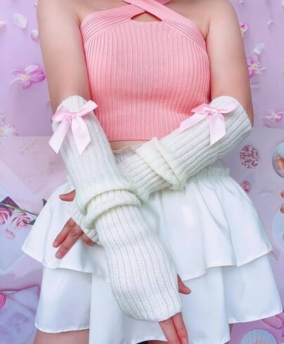 النساء Y2k تدفئة الذراع يغطي Kawaii Harajuku أصابع قفازات لوليتا محبوك الذراع كم مع ثقب الإبهام in Saudi Arabia