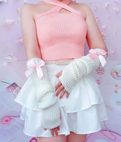 النساء Y2k تدفئة الذراع يغطي Kawaii Harajuku أصابع قفازات لوليتا محبوك الذراع كم مع ثقب الإبهام in Saudi Arabia