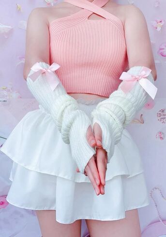 النساء Y2k تدفئة الذراع يغطي Kawaii Harajuku أصابع قفازات لوليتا محبوك الذراع كم مع ثقب الإبهام in Saudi Arabia