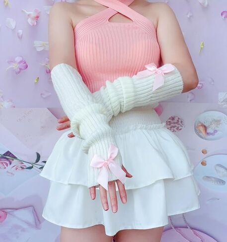 النساء Y2k تدفئة الذراع يغطي Kawaii Harajuku أصابع قفازات لوليتا محبوك الذراع كم مع ثقب الإبهام in Saudi Arabia