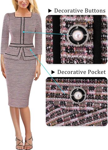 VFSHOW Womens Square Neck Buttons Peplum Cocktail Party Work Office Business Bodycon Pencil Dress in Saudi Arabia