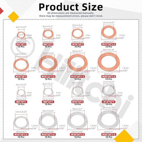 hilitchi 160pcs 16 أحجام النفط استنزاف المكونات طوقا تشكيلة، M6 M8 M10 M12 M14 M16 M18 M20 غسالات سحق النفط ختم غسالات الألومنيوم النحاس غسالات مسطحة لمعظم السيارات in Saudi Arabia