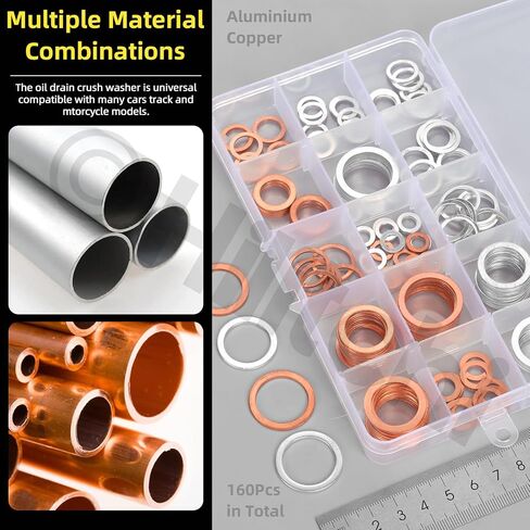 hilitchi 160pcs 16 أحجام النفط استنزاف المكونات طوقا تشكيلة، M6 M8 M10 M12 M14 M16 M18 M20 غسالات سحق النفط ختم غسالات الألومنيوم النحاس غسالات مسطحة لمعظم السيارات in Saudi Arabia