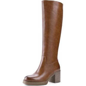 Shoe'N Tale Platform Knee High Boots for Women Block Chunky Heel Round Toe Side Zipper Tall Boots