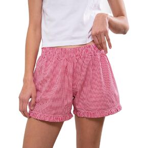 Soft Gingham Boxer Shorts for Women Y2K Ruffle Hem Elastic Waist Plaid Micro Shorts Relaxed Striped Pajama Bottoms in Kuwait
