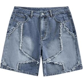Floerns Men's Frayed Hem Star Pattern Wide Leg Denim Shorts with Pocket in Kuwait
