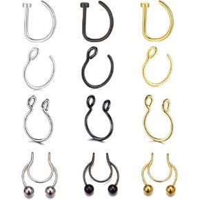 12pcs Fake Nose Ring Hoops Set, 20g Faux Nose Rings 316L Stainless Steel Faux Body Piercing Jewelry For Women