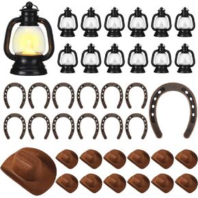 36 Pcs Western Party Decorations Include 12 Mini Lantern with Candle 12 Hanging Horseshoe 12 Mini Cowboy Hat(Brown)