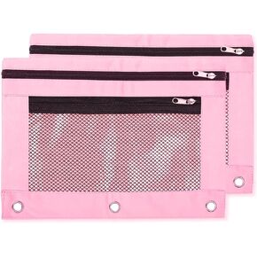 Pink Pencil Pouch for 3 Ring Binder 2 Pack Double Zipper Pencil Bag with Mesh Window, 7 x 9.7 in