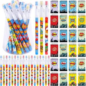 Kolewo4ever 48 Pieces Hero Text Theme Set:24Pcs Translucent Pencil Multipoint Non Sharpening Stackable Pencils 24Pcs Mini Spiral Notepad Memo Pad Pocket Notebooks
