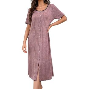SOLY HUX Women's Nightgowns Soft Sleepwear Button Down Crewneck Short Sleeve Pajama Dress Sleepshirt