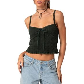 Women's Y2k Knit Crop Tank Top Sexy Spaghetti Strap Cute Going Out Tops Lace Trim Cami Bustier Shirt