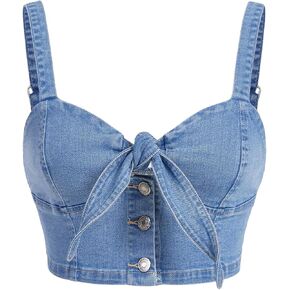 Women's Backless Denim Cami Crop Top Sweetheart Neck Button Tie Front Jean Camisole
