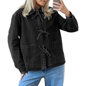 PLNOTME Womens Denim Jackets Casual Loose Fit Tie Front Tops Fashion Jean Coat with Pockets