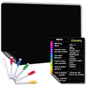 Magnetic Blackboard for Fridge - Dry Erase Black Board for Home, Office & Classroom (11.5" x15"), Menu Board for Kitchen Fridge - Family Meal Planner (7" x9") - 6 Fine Tip Magnetic Markers & Eraser