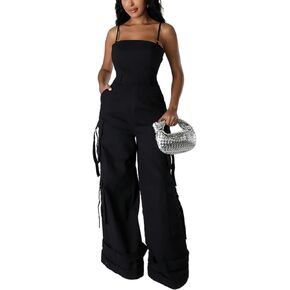 SHINFY Women's 2024 Cargo Jumpsuit Spaghetti Strap Y2K Wide Leg Baggy Loose Cargo Pants Overall Rompers