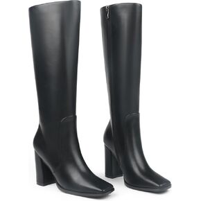 Zzheels Women's Knee High Boots Chunky Heels Square Toe Boots Go Go Boots with Side Zipper