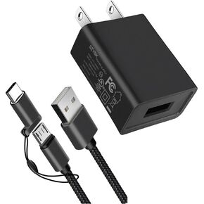 UL Listed Fast Charger for All Kindle Fire Tablets with 6.6Ft USB to Micro-USB and USB-C 2IN1 Nylon Braided Cable (Designed for use with All Fire Tablets and All Kindle E-Readers) (10W)