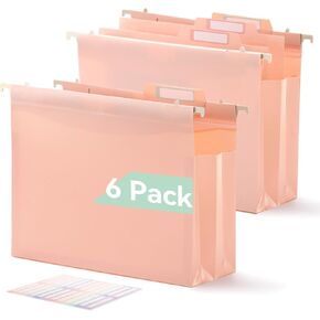 Plastic High Capacity Hanging File Folders, 4" Expanding Pocket with Movable Dividers, Heavy Duty for Filing Cabinet, Insertable Tabs, Letter Size - 6 Pack