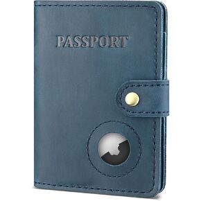 Full Grain Leather Passport Holder with AirTag, Travel Passport Wallet and Air Tag Cover for Men and Women, with 4 Card Holder (Blue)