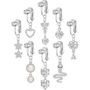Akeoqi 8PCS Fake Belly Ring Clip on Belly Button Rings Heart CZ Star Snake Butterfly Evil Eye Flower Devil Non Piercing Dangling Navel Ring Jewelry Set For Women Silver Tone