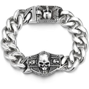 COOLSTEELANDBEYOND Stainless Steel Curb Chain Mens Large Skull ID Identification Bracelet, Skull Charm Clasp