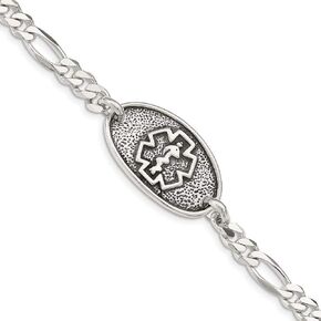 Solid 925 Sterling Silver Enamel Engravable Identification Name Bar Tag Vintage Antiqued and RN Registered Nurse Caduceus Symbol Medical Emergency Alert Bracelet - with Secure Lobster Lock Clasp 8"