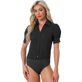 Allegra K Women's Button Down Leotard Shirt Short Sleeve Collared Business Work Bodysuit Tops