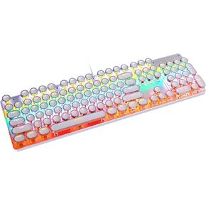 Typewriter Style Mechanical Gaming Keyboard LED Backlit Wired with Blue Switch Retro Round Keycap 104 Keys Keyboard (White 104 Keys LED)