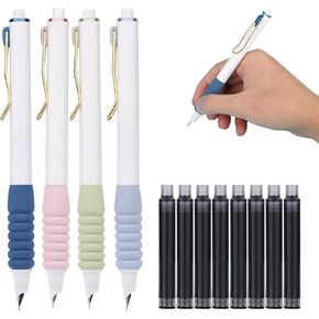 4pcs Retractable Fountain Pens with 10pcs Ink sacs, Practical Flex Nib Refillable Fountain Pens Anti-Skidding Inkless Writing Pen for Family School Office Writing