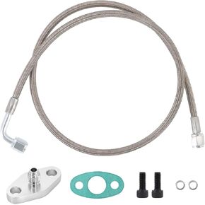 4AN Turbo Oil Feed Line 36" Turbo Feed Line Length Stainless Steel Braided 4AN Pressure Stainless Remote Turbocharger 90 Degree End Straight Hose End, 4AN Oil Feed Line Fitting Included