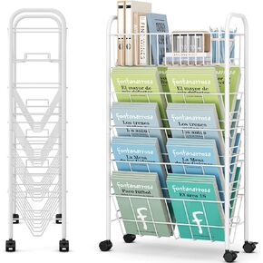 TOOLF 5 Tier Mobile Bookshelf, Metal Rolling Book Cart with Wheels, Movable Book Storage Organization for Classroom Dorm School Home, Rolling File Cart for Office Study, Black