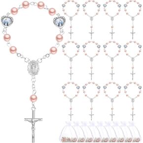 Misdary 30 Sets Baptism Mini Rosary with Organza Bags Faux Pearls Baptism Rosary Baptism Favors for Guests Catholic Finger Rosary for Christening Weddings Party Favors First Communion Gift(Silvery)