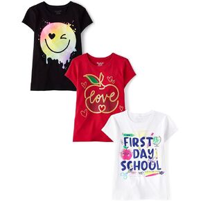 The Children's Place Girls' School Short Sleeve Graphic T-Shirts,Multipacks, Smiley/Apple Love/1st Day Apple 3-Pack