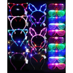 Honoson 20 Pcs Glow in The Dark Party Supplies, 10 Pcs LED Light up Glasses 5 Pcs LED Cat Ear Headband 5 Pcs Rabbit Ear Headband, 5 Colors Mardi Gras Sunglasses Neon Party Favors Kids Adults