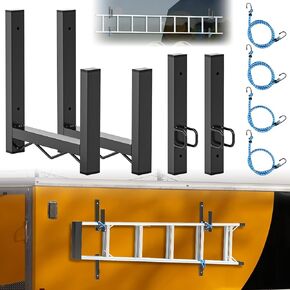 Side Mount Trailer Ladder Rack 4 Racks Steel Ladder Racks with Elastic Rope, Hook, Adjustable Baffle for Open and Enclosed Trailer Side Wall (Silver)