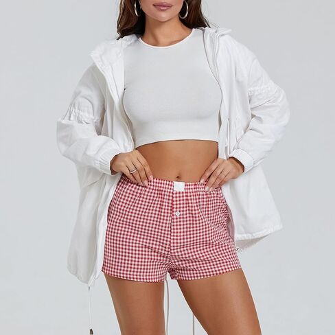 Womens Boxer Shorts Gingham Y2k Pajama Cute Plaid Striped Print Lounge Sleep Shorts in Saudi Arabia
