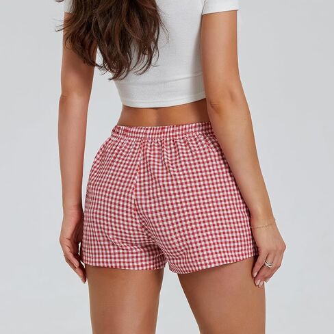 Womens Boxer Shorts Gingham Y2k Pajama Cute Plaid Striped Print Lounge Sleep Shorts in Saudi Arabia