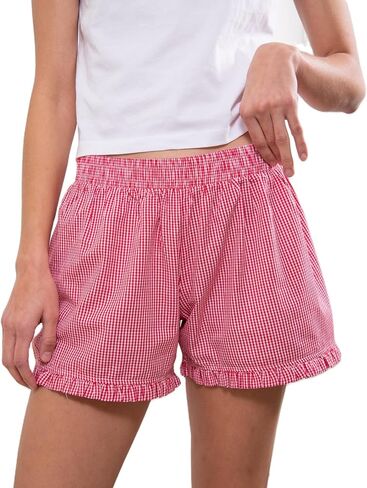 Soft Gingham Boxer Shorts for Women Y2K Ruffle Hem Elastic Waist Plaid Micro Shorts Relaxed Striped Pajama Bottoms in Kuwait