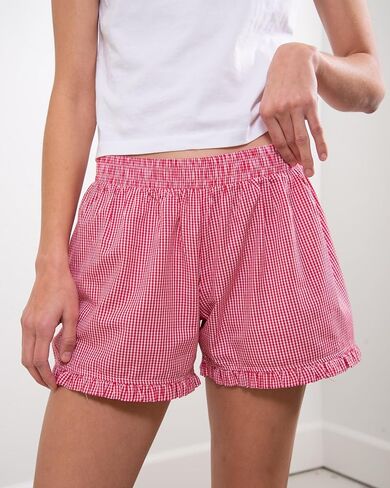 Soft Gingham Boxer Shorts for Women Y2K Ruffle Hem Elastic Waist Plaid Micro Shorts Relaxed Striped Pajama Bottoms in Kuwait