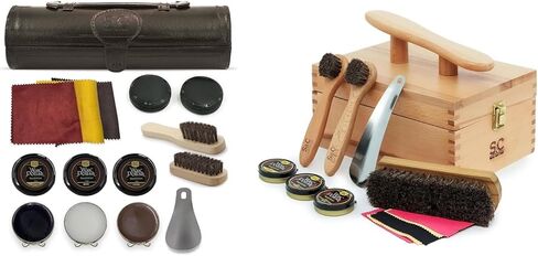 مجموعة تلميع الأحذية الفاخرة والعناية بها من ستون آند كلارك - مجموعة كاملة لتلميع الأحذية الجلدية مع صندوق خشبي وفرش وتلميع وقرن وقماش تلميع in Kuwait