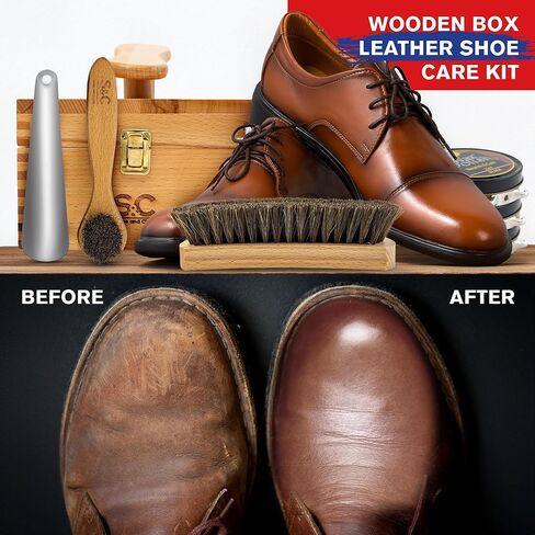 مجموعة تلميع الأحذية الفاخرة والعناية بها من ستون آند كلارك - مجموعة كاملة لتلميع الأحذية الجلدية مع صندوق خشبي وفرش وتلميع وقرن وقماش تلميع in Kuwait