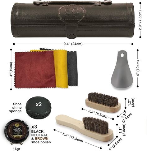 مجموعة تلميع الأحذية الفاخرة والعناية بها من ستون آند كلارك - مجموعة كاملة لتلميع الأحذية الجلدية مع صندوق خشبي وفرش وتلميع وقرن وقماش تلميع in Kuwait