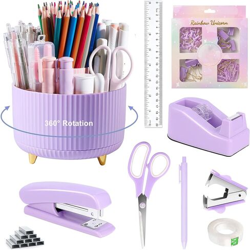 Green Office Supplies, Teal Desk Accessories 360°Pen Holder Desk Organizers and Accessories with Tape Dispenser, Stapler, Staple Remover, 1000 Staples, Tape, Clips Set, Ruler, Scissor, Pen in Saudi Arabia