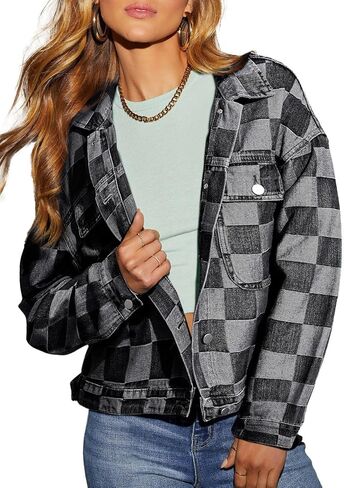 Sidefeel Women's Oversized Denim Jacket Casual Plaid Pockets Jean Jacket Autumn Spring in Saudi Arabia