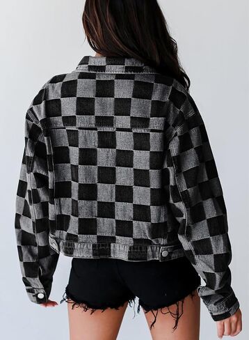 Sidefeel Women's Oversized Denim Jacket Casual Plaid Pockets Jean Jacket Autumn Spring in Saudi Arabia