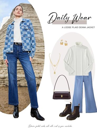 سترة Sidefeel النسائية كبيرة الحجم من قماش الدنيم كاجوال بجيوب منقوشة وسترة جينز للخريف والربيع in Kuwait