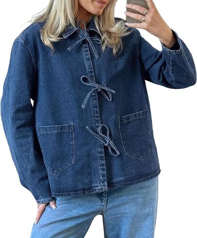PLNOTME Womens Jean Jacket Tie Front Denim Shacket Tops Fall Fashion Long Sleeve Shirts Coat with Pockets in Saudi Arabia
